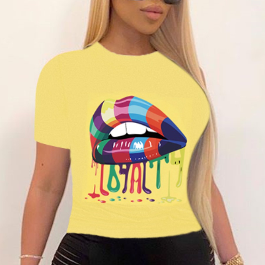 

lovely Leisure O Neck Lip Print Yellow T-shirt
