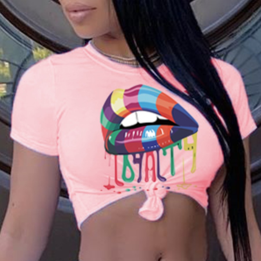 

lovely Leisure O Neck Lip Print Pink T-shirt