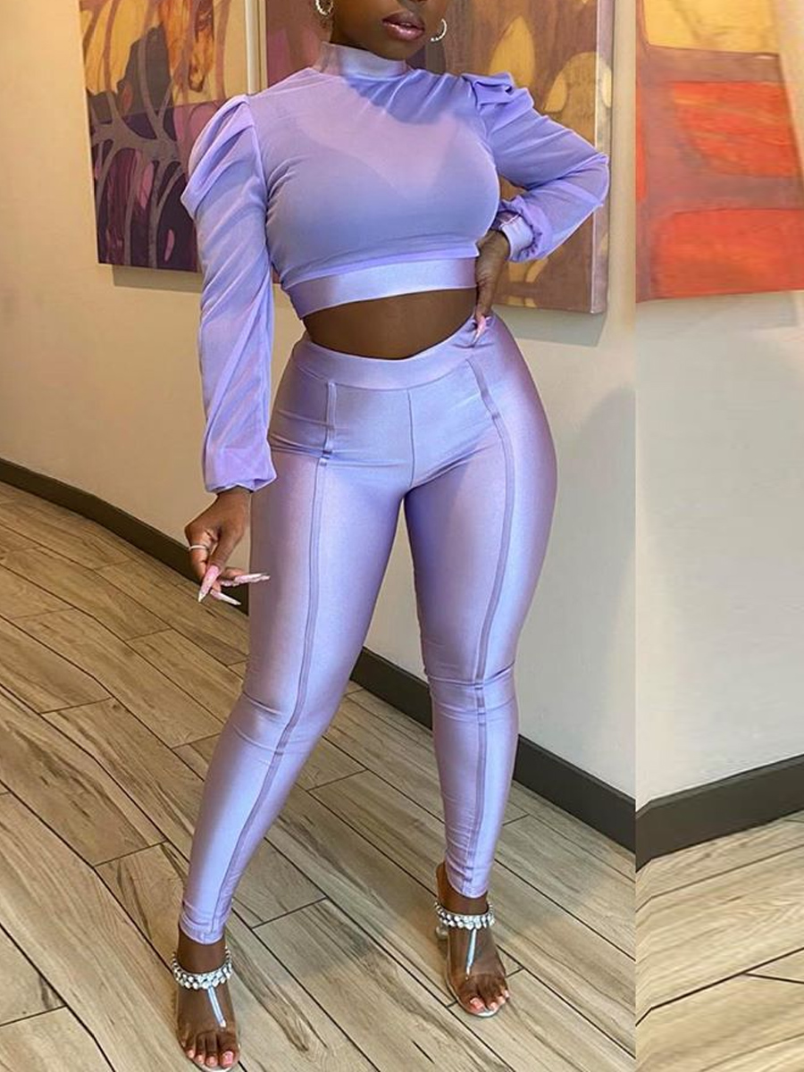 

lovely Trendy Fold Design See-through Purple Two Piece Pants Set