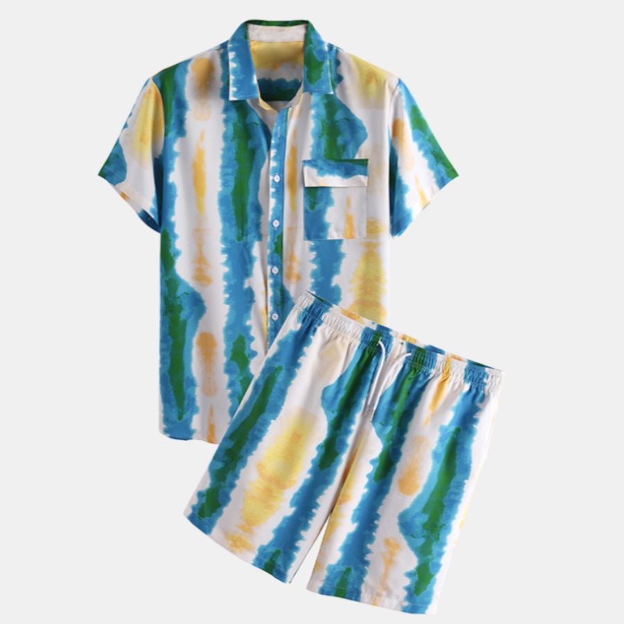 

lovely Bohemian Turndown Collar Tie-dye Multicolor Two-piece Shorts Set, Multi