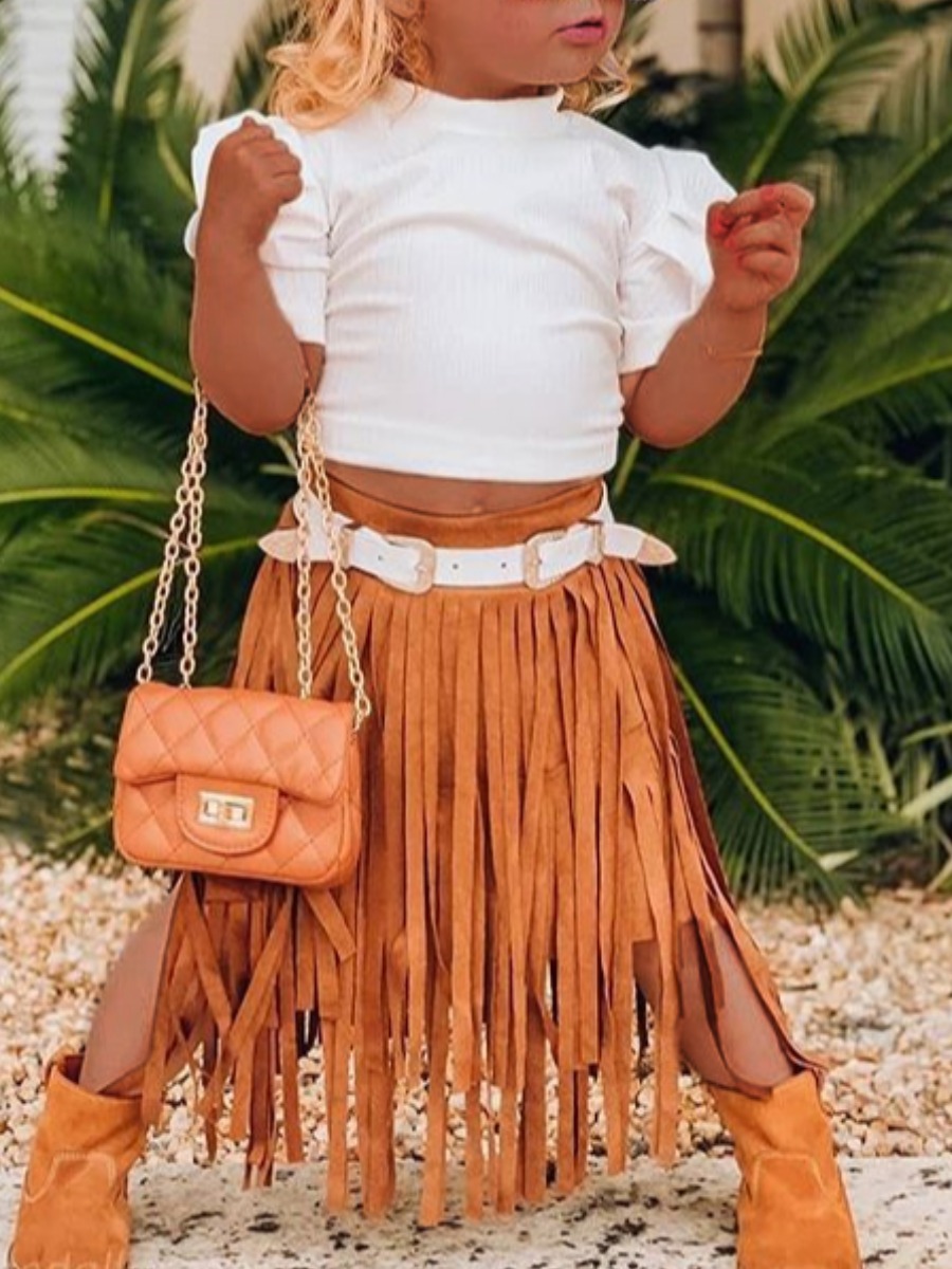 

lovely Ethnic Tassel Design White Girl Two-piece Skirt Set