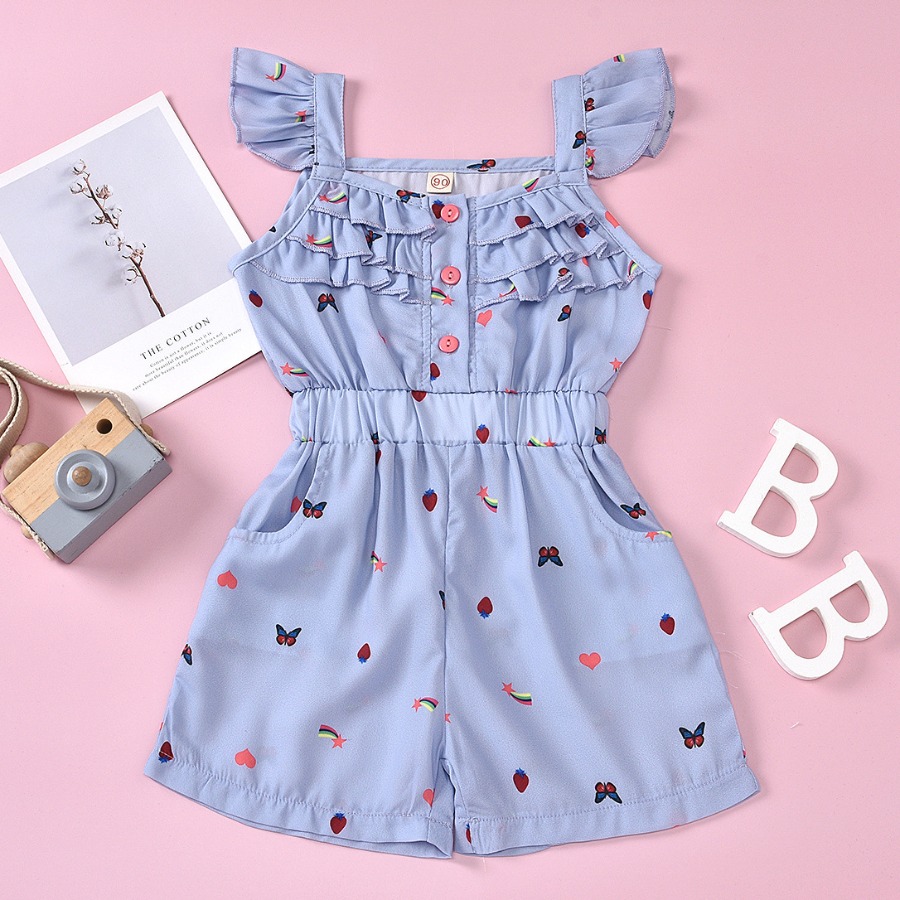 

lovely Stylish Print Layered Cascading Ruffle Baby Blue Girl One-piece Romper