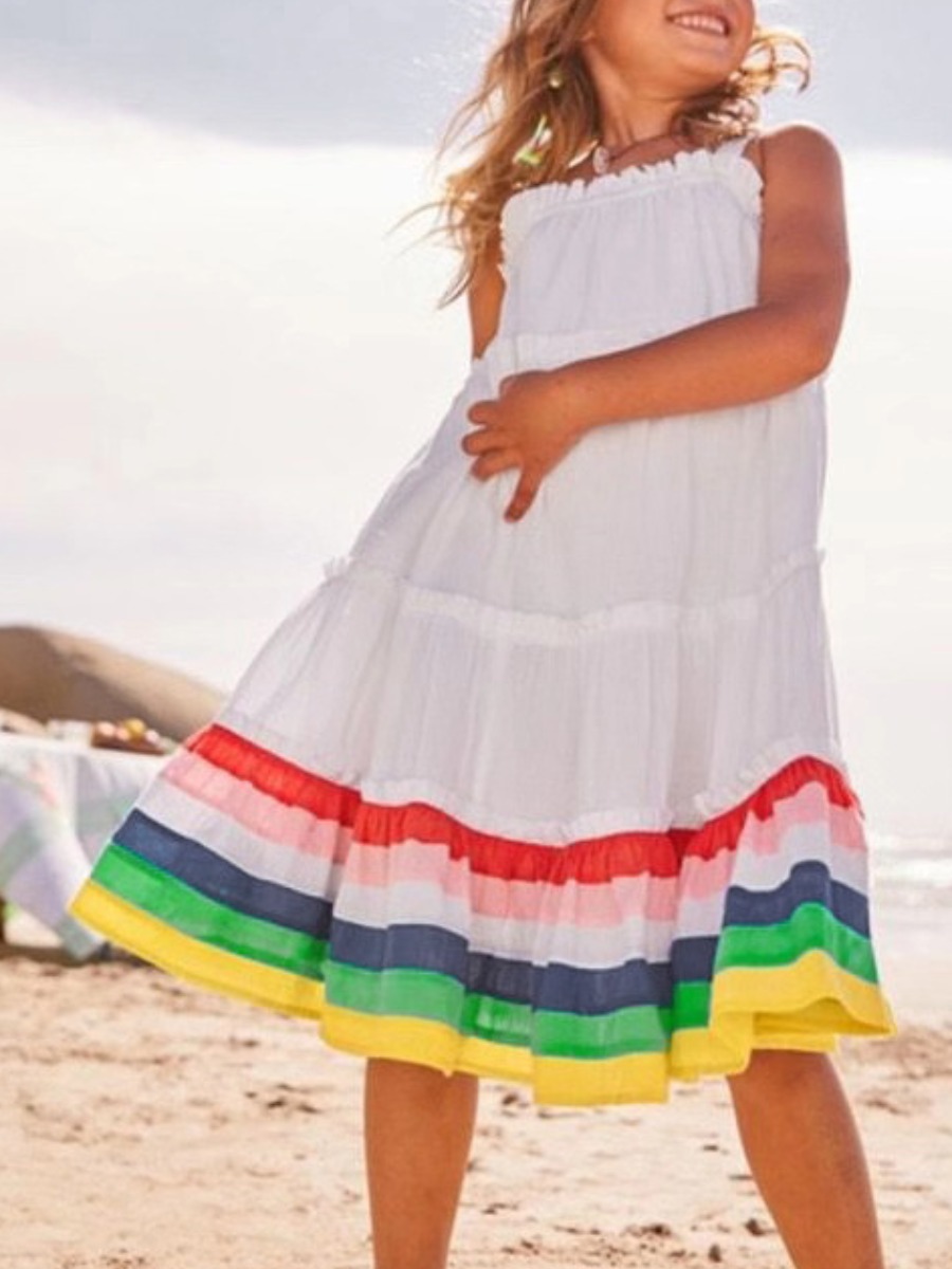 

lovely Trendy Rainbow Striped Patchwork White Girl Knee Length Dress