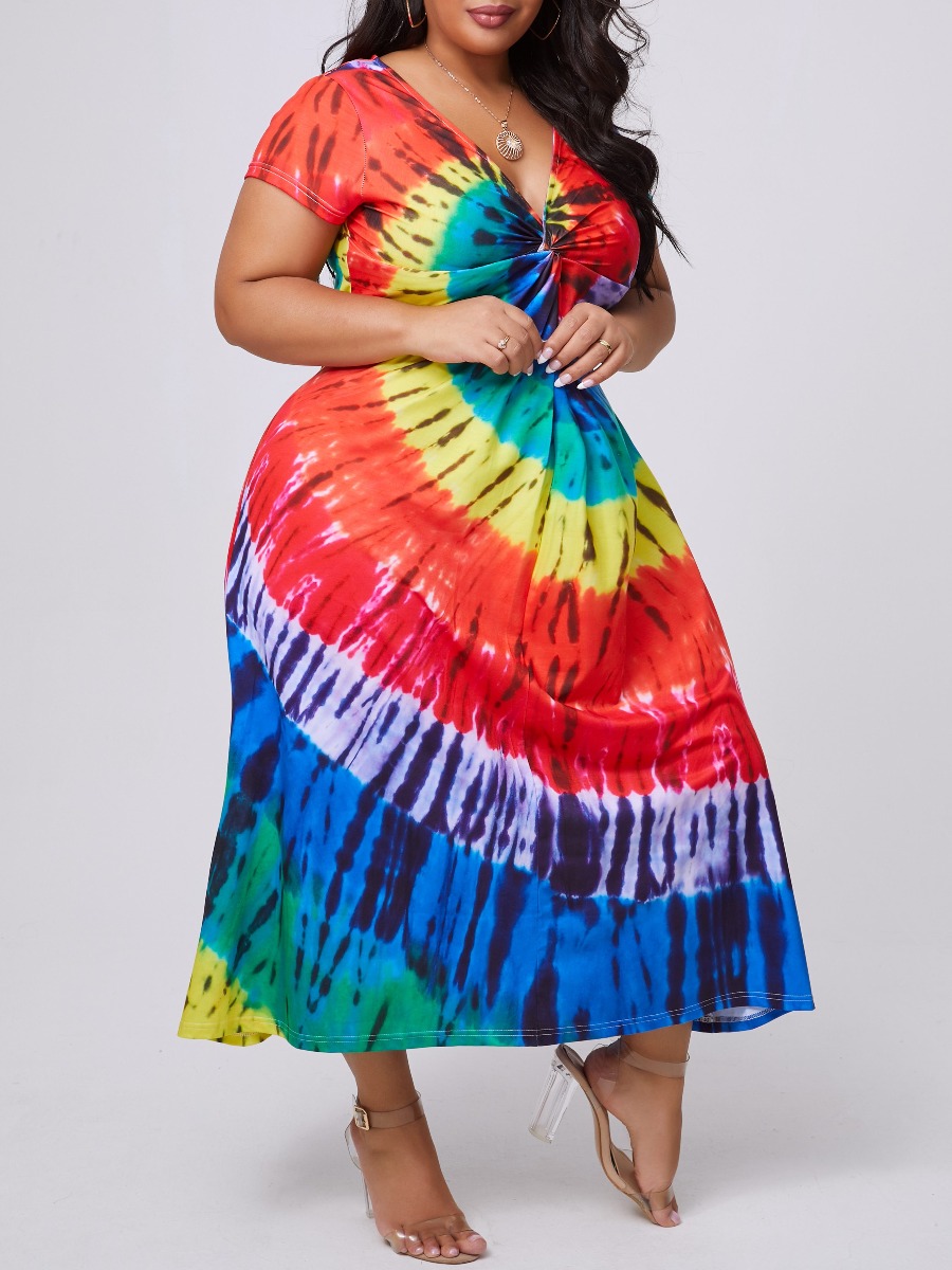 

lovely Casual V Neck Tie-dye Multicolor Ankle Lengt Plus Size Dress, Multi