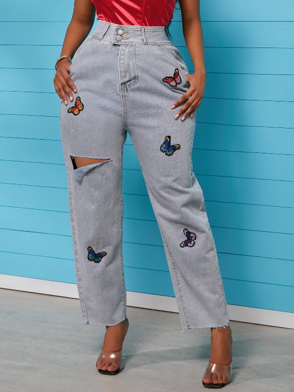 

lovely Casual Butterfly Broken Holes Baby Blue Jeans