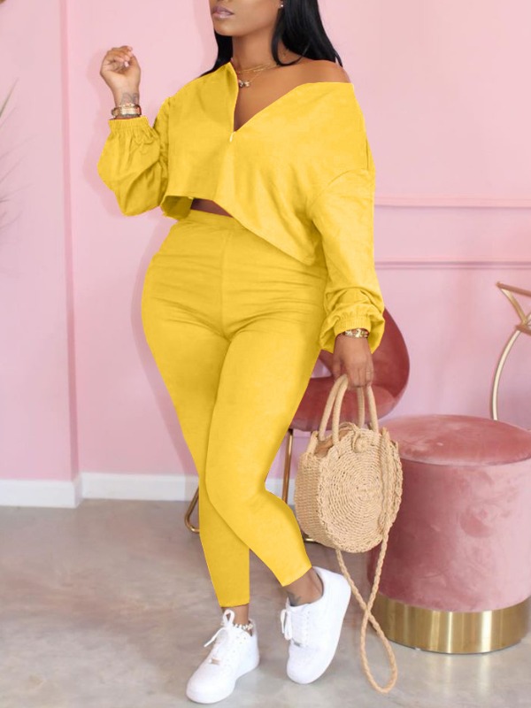 

lovely Casual Zipper Design Yellow Plus Size Two-piece Pants Set