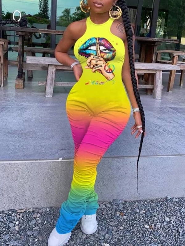 

lovely Casual O Neck Lip Print Fold Design Yellow One-piece Jumpsuit