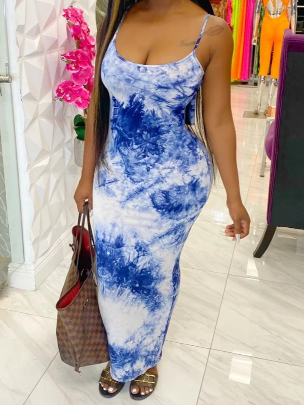 

lovely Trendy Tie-dye Baby Blue Ankle Length Dress（with headscarf