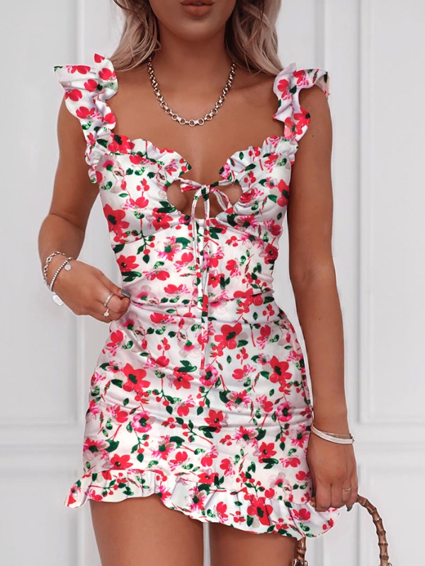 

lovely Sweet Floral Print Flounce Design Red Mini Dress