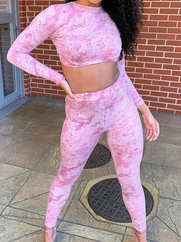 

lovely Stylish Tie Dye Lace-up Pink Two Piece Pants Set