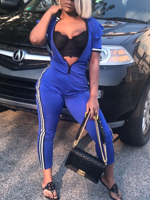 

lovely Sportswear Patchwork Zipper Design Blue One-piece Jumpsuit