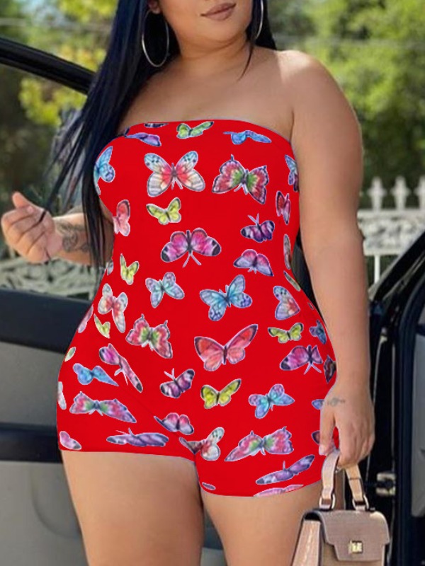 

lovely Stylish Dew Shoulder Butterfly Print Red One-piece Romper