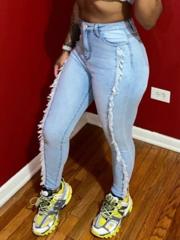 

Lovely Trendy Tassel Design Patchwork Blue Denim Shorts