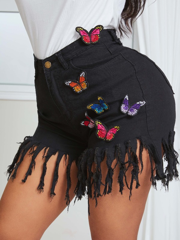 

lovely Street Butterfly Tassel Design Black Denim Shorts