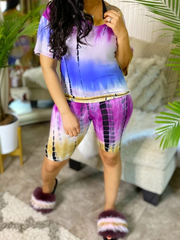 

lovely Street V Neck Tie Dye Purple Two Piece Shorts Set