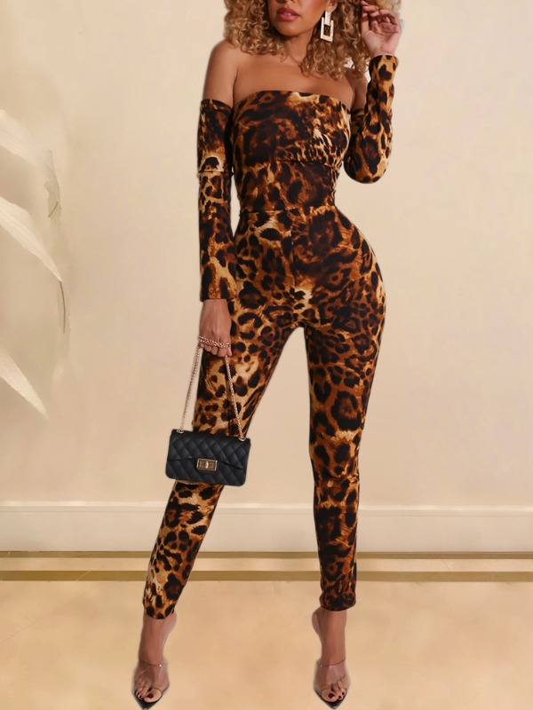 

lovely Stylish Dew Shoulder Print Brown One-piece Jumpsuit