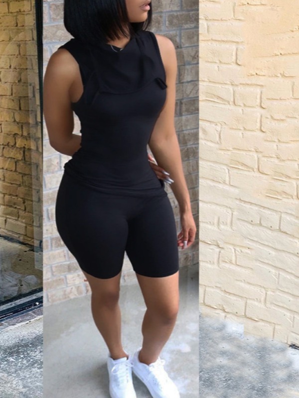 

lovely Casual O Neck Basic Skinny Black Two Piece Shorts Set