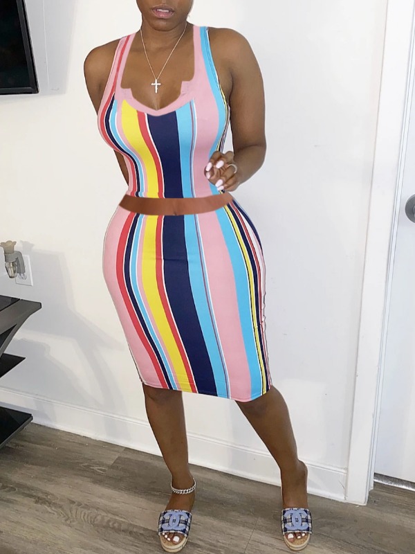 

lovely Trendy Rainbow Striped Pink Two Piece Skirt Set