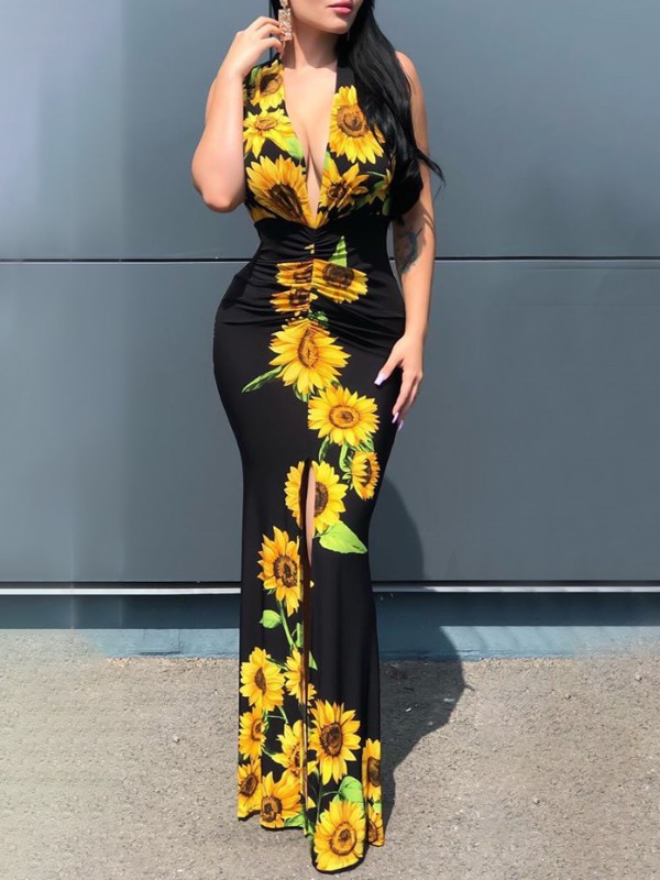 

lovely Bohemian Deep V Neck Print Black Maxi Dress