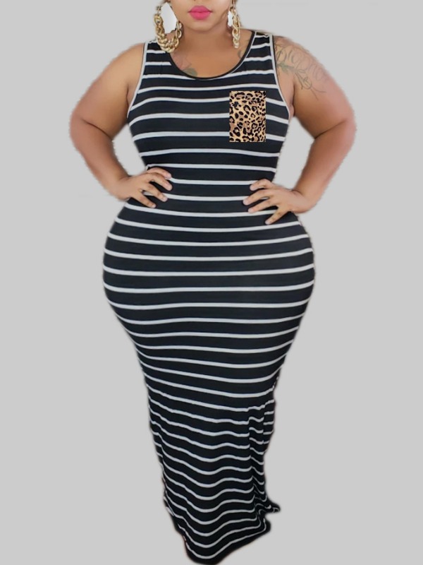 

lovely Casual Striped Black Maxi Plus Size Dress