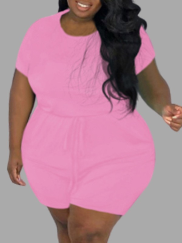 

lovely Leisure Lace-up Pink Plus Size One-piece Romper