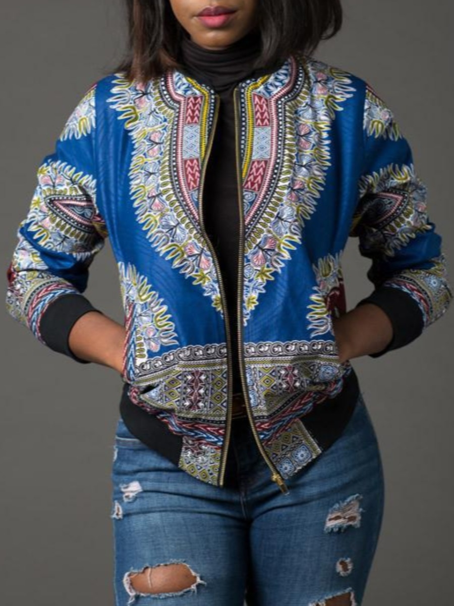 

lovely Trendy Print Zipper Design Baby Blue Coat