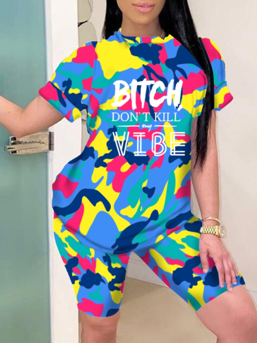 

Lovely Leisure O Neck Print Blue Two-piece Shorts Set