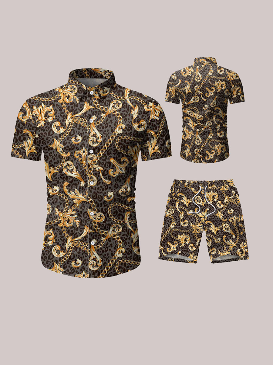 

Lovely Stylish Turndown Collar Print Light Yellow Two-piece Shorts Set