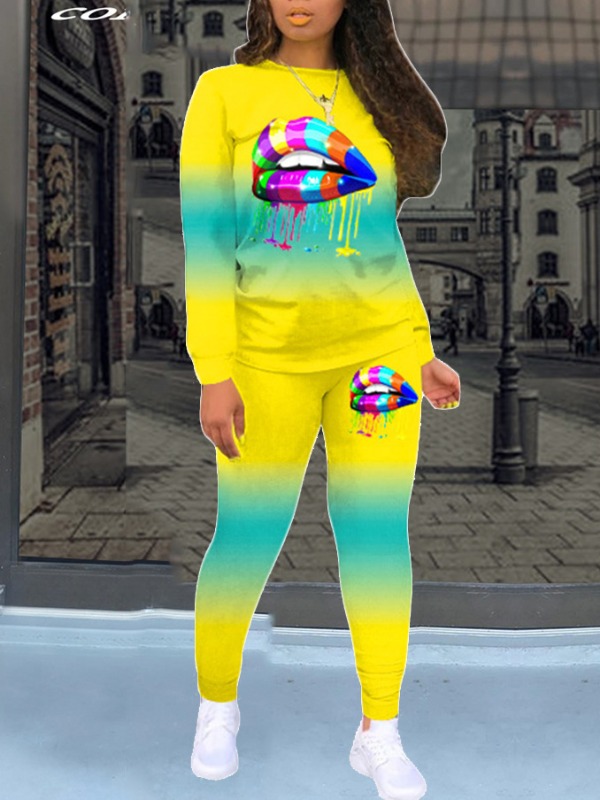 

lovely Casual O Neck Lip Print Yellow Two Piece Pants Set