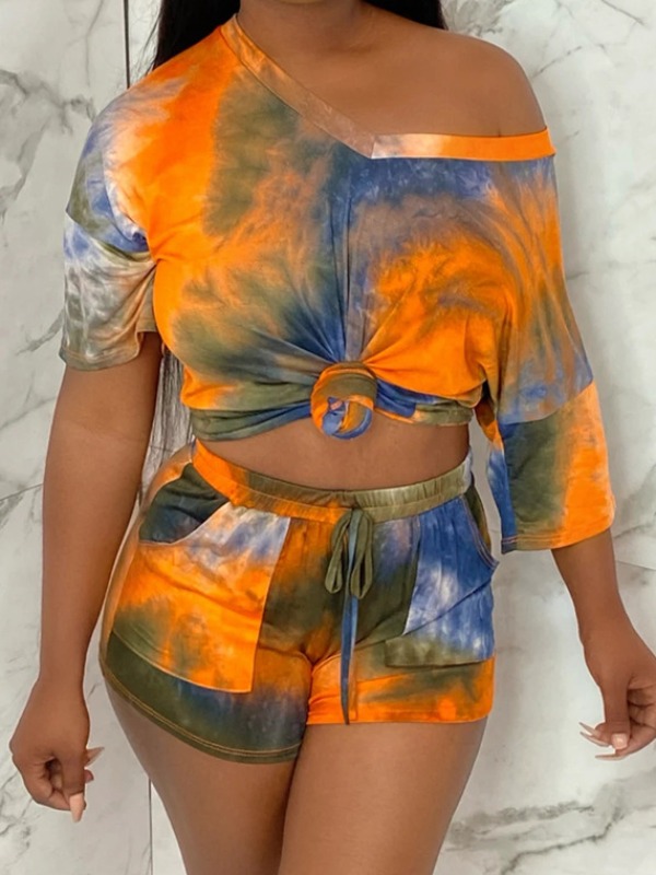 

lovely Leisure V Neck Tie Dye Croci Two Piece Shorts Set