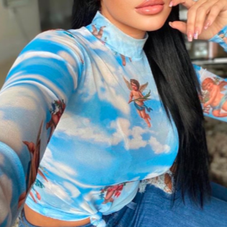 lovely Leisure Print See-through Blue T-shirt