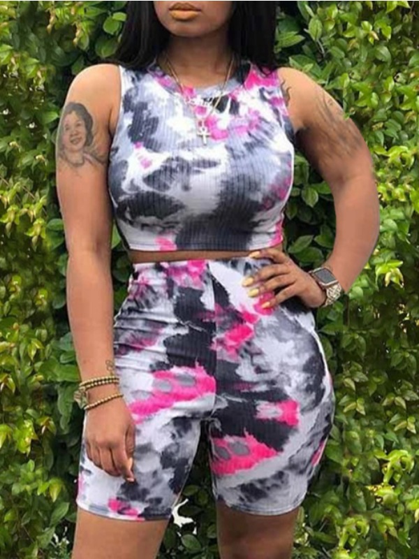 

lovely Stylish Sleeveless Tie Dye Purple Two Piece Shorts Set