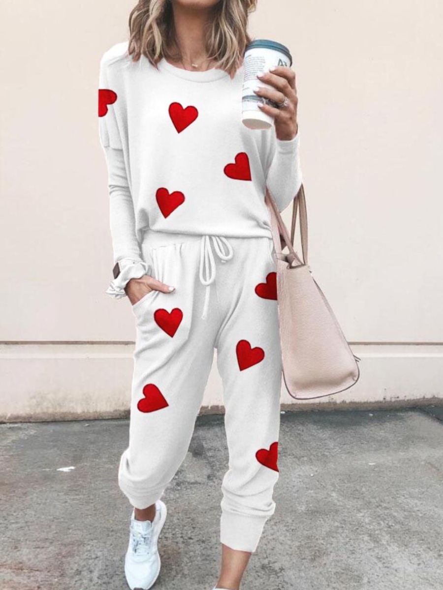 

lovely Leisure O Neck Heart Print White Loungewear