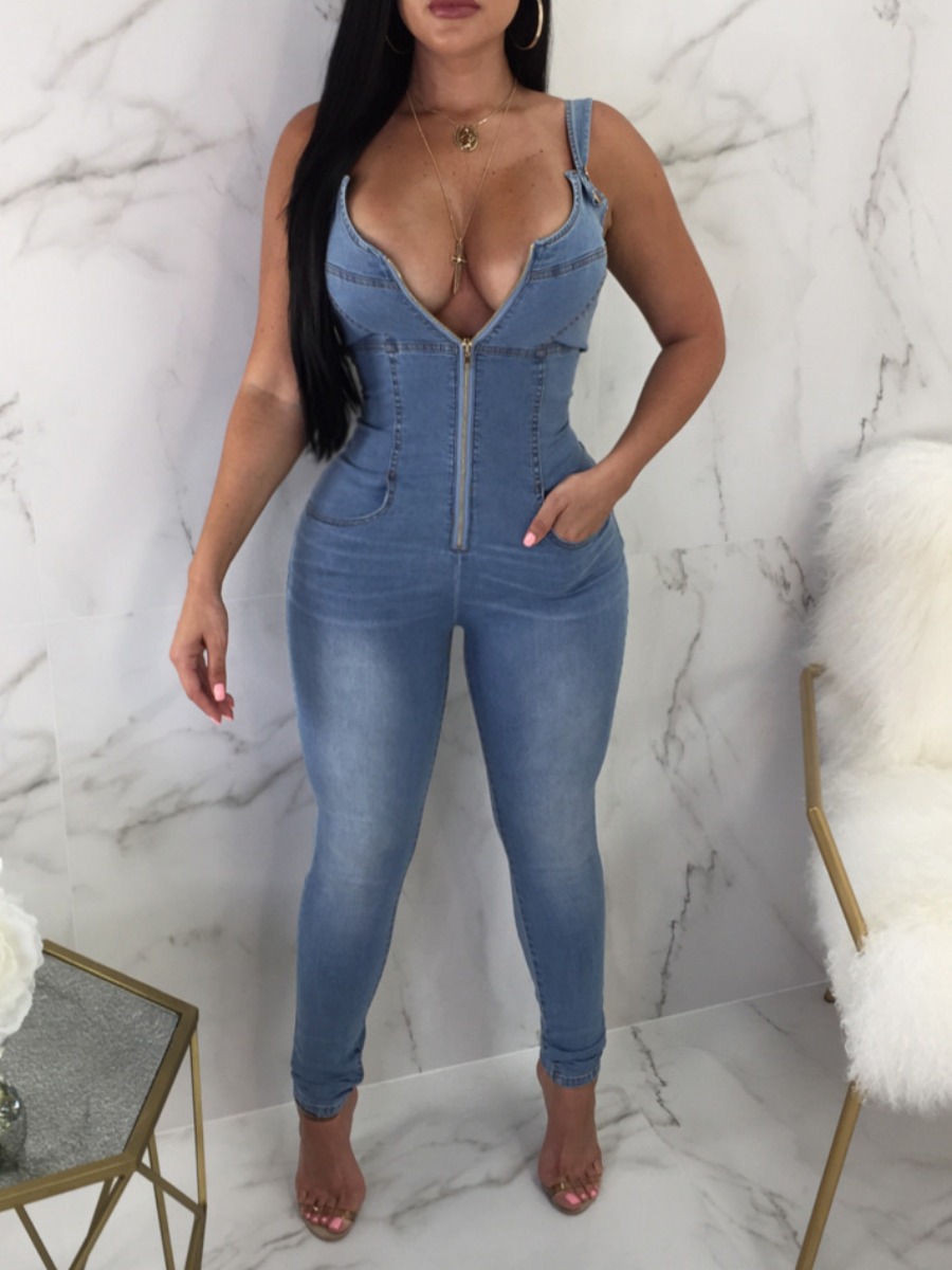 

lovely Stylish Zipper Design Backless Baby Blue Denim One-piece Jumpsuit