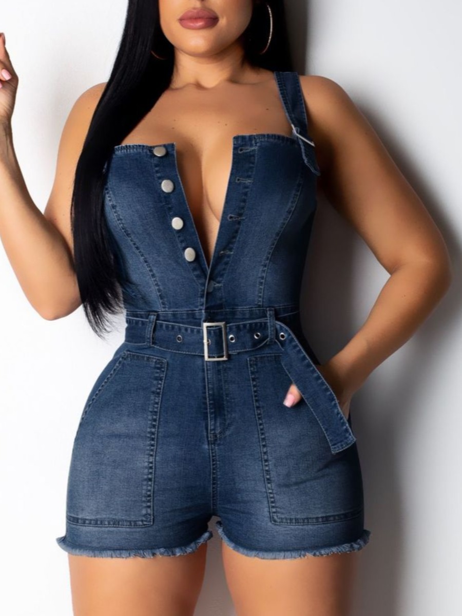 

lovely Trendy Buttons Design Deep Blue Denim One-piece Romper