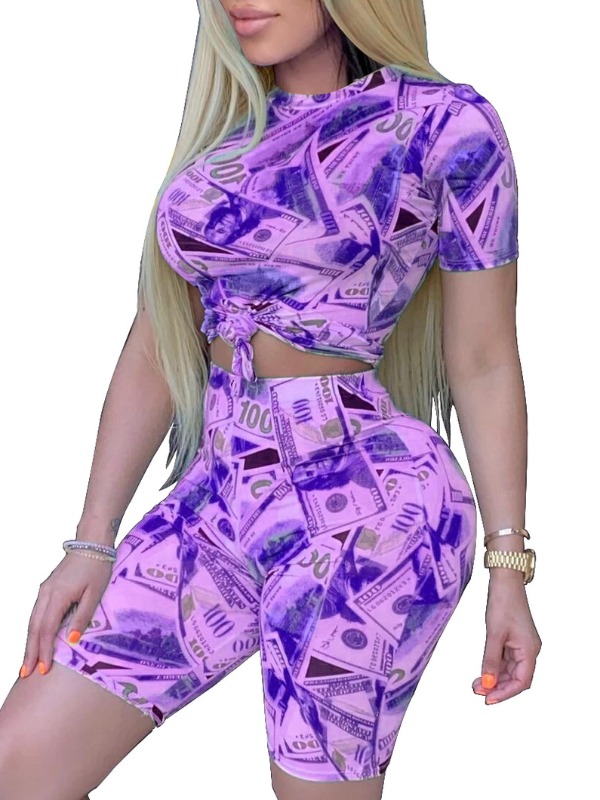 

lovely Street O Neck Print Purple Plus Size Two-piece Shorts Set