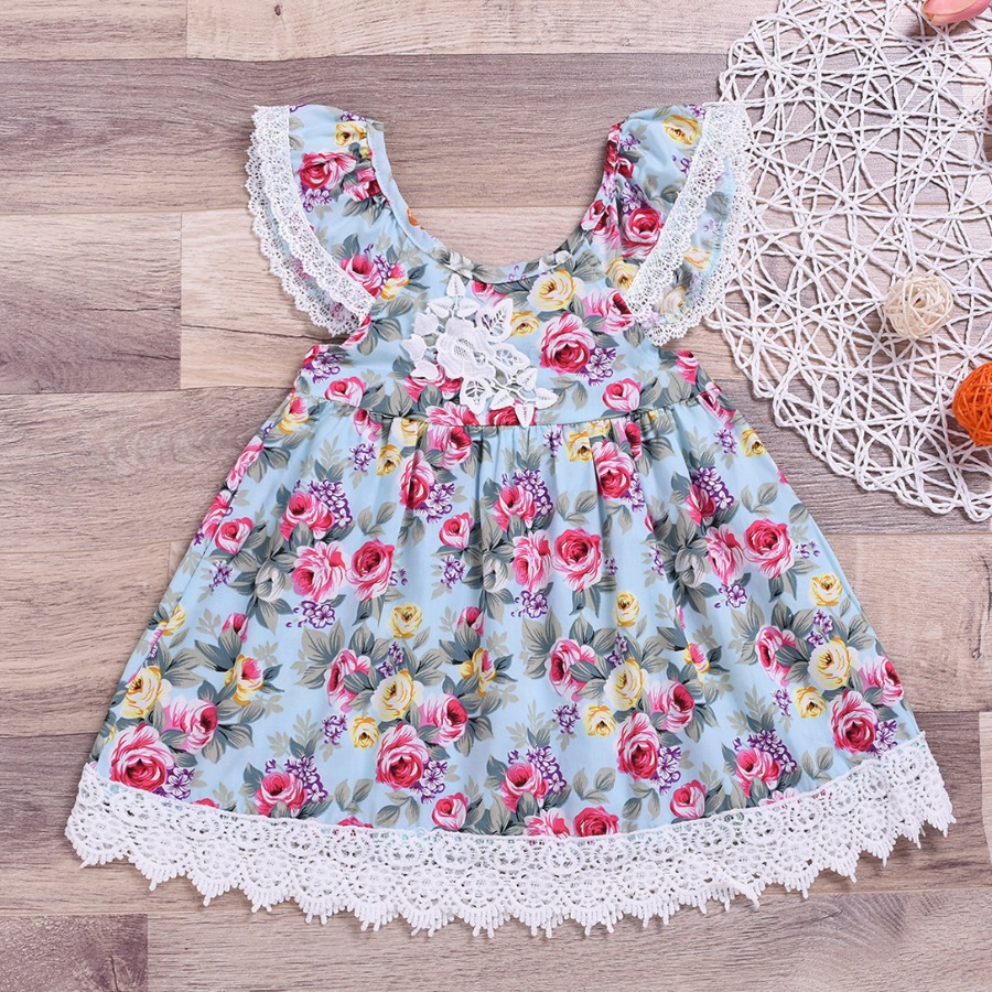 

lovely Sweet Floral Print Baby Blue Girl Knee Length Dress