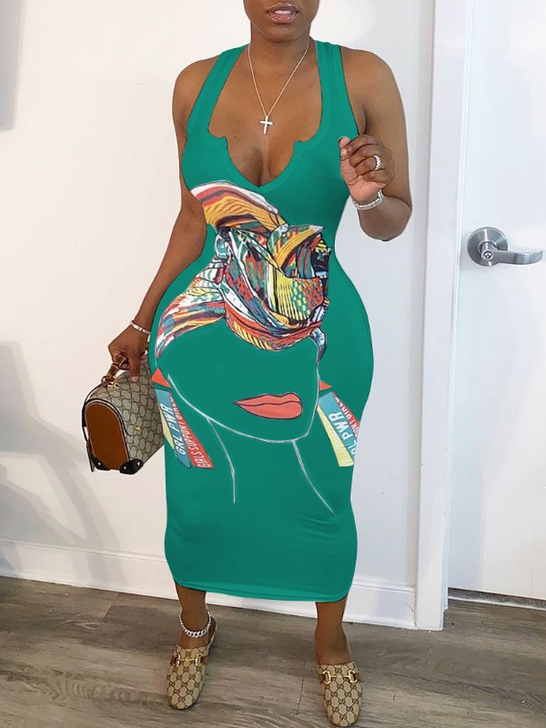 

lovely Street Print Green Mid Calf Plus Size Dress