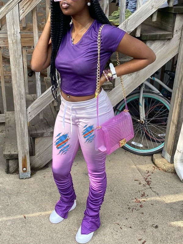

lovely Casual Gradual Change Fold Design Purple Two Piece Pants Set