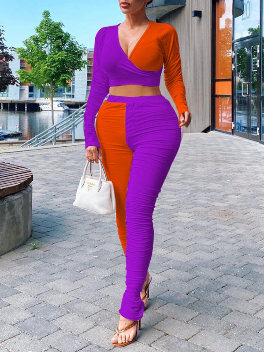 

Lovely Street V Neck Patchwork Purple Plus Size Two Piece Pants Set