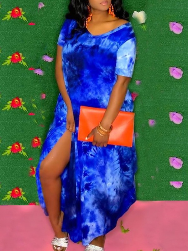 

lovely Casual V Neck Tie-dye Blue Ankle Length Dress