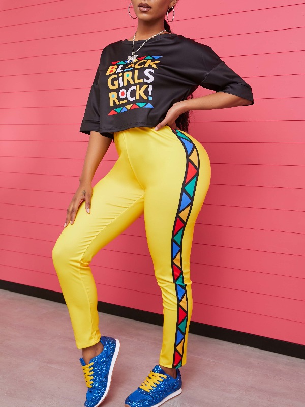 

lovely Street O Neck Letter Print Patchwork Yellow Two Piece Pants Set