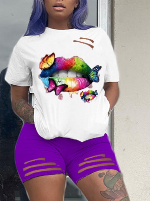 

lovely Leisure O Neck Lip Print Purple Two Piece Shorts Set
