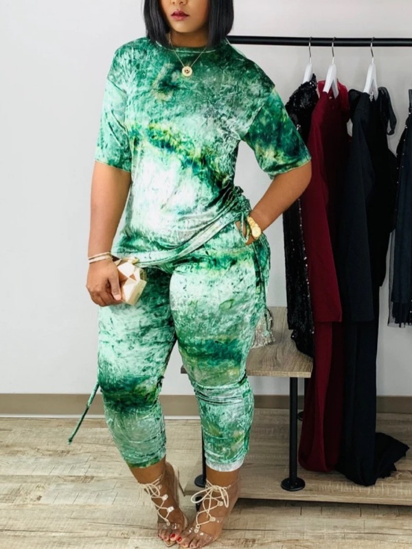 

lovely Street O Neck Tie Dye Green Two Piece Pants Set