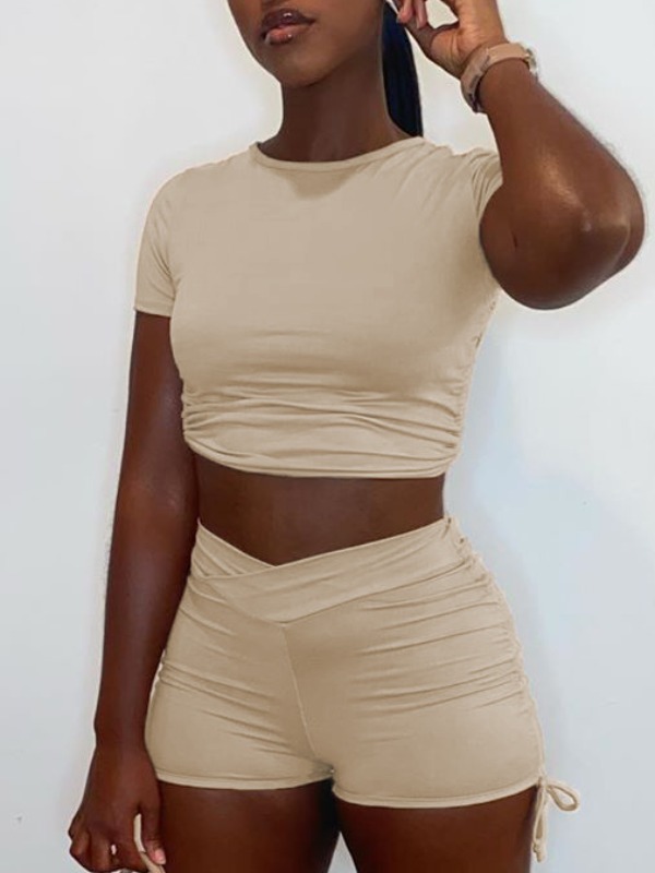 

lovely Leisure O Neck Fold Design Khaki Two Piece Shorts Set