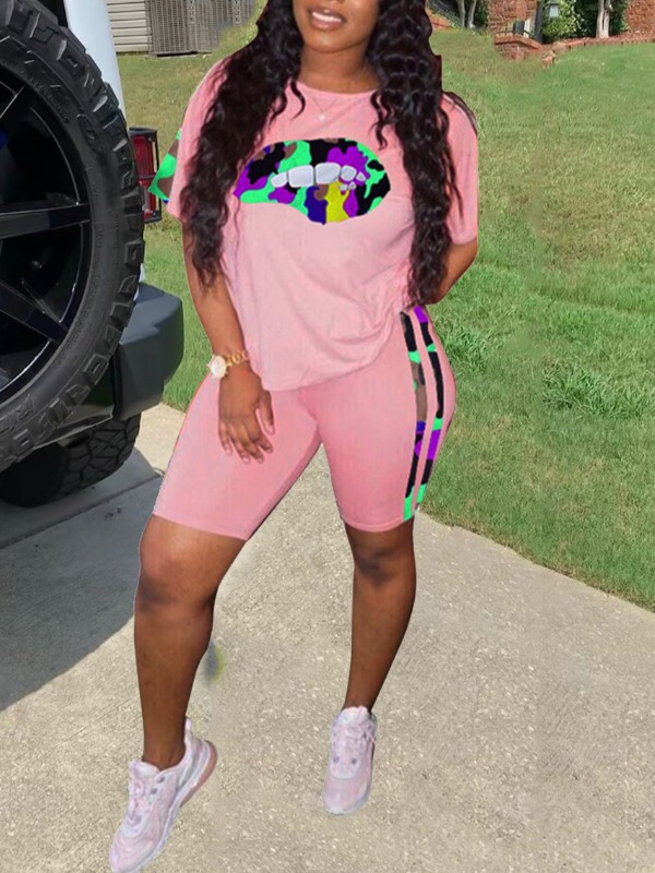 

lovely Leisure O Neck Lip Print Pink Two Piece Shorts Set