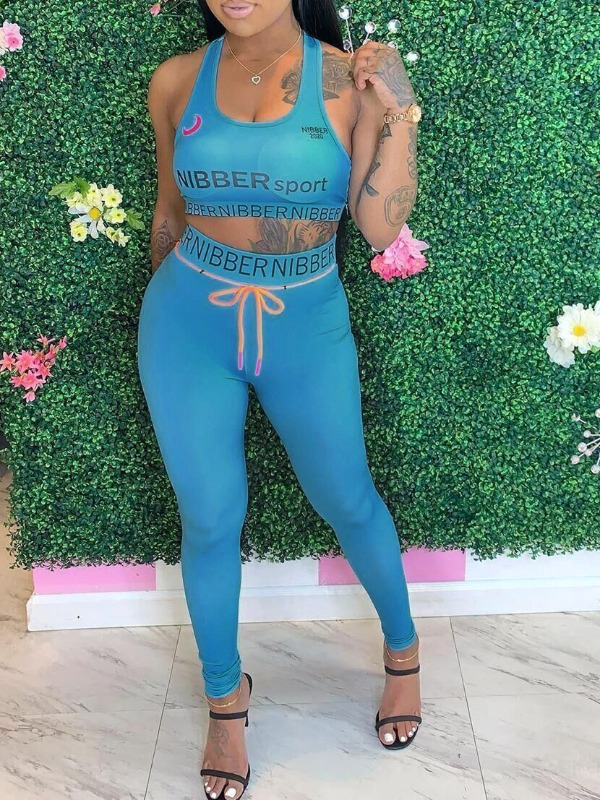 

lovely Sportswear Letter Print Acid Blue Two Piece Pants Set