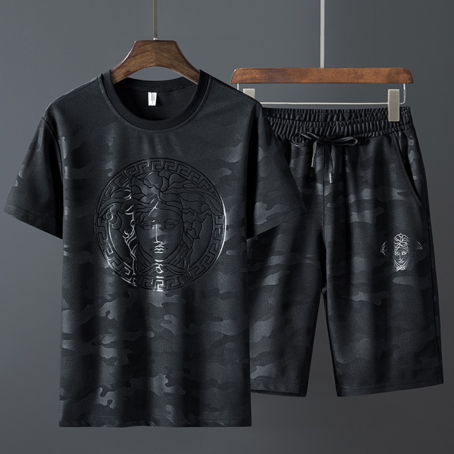 

Men Lovely Casual O Neck Camo Print Black Two-piece Shorts Set, Black camouflage