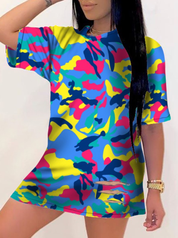 

lovely Casual O Neck Camo Print Blue Mini Dress, Blue camouflage