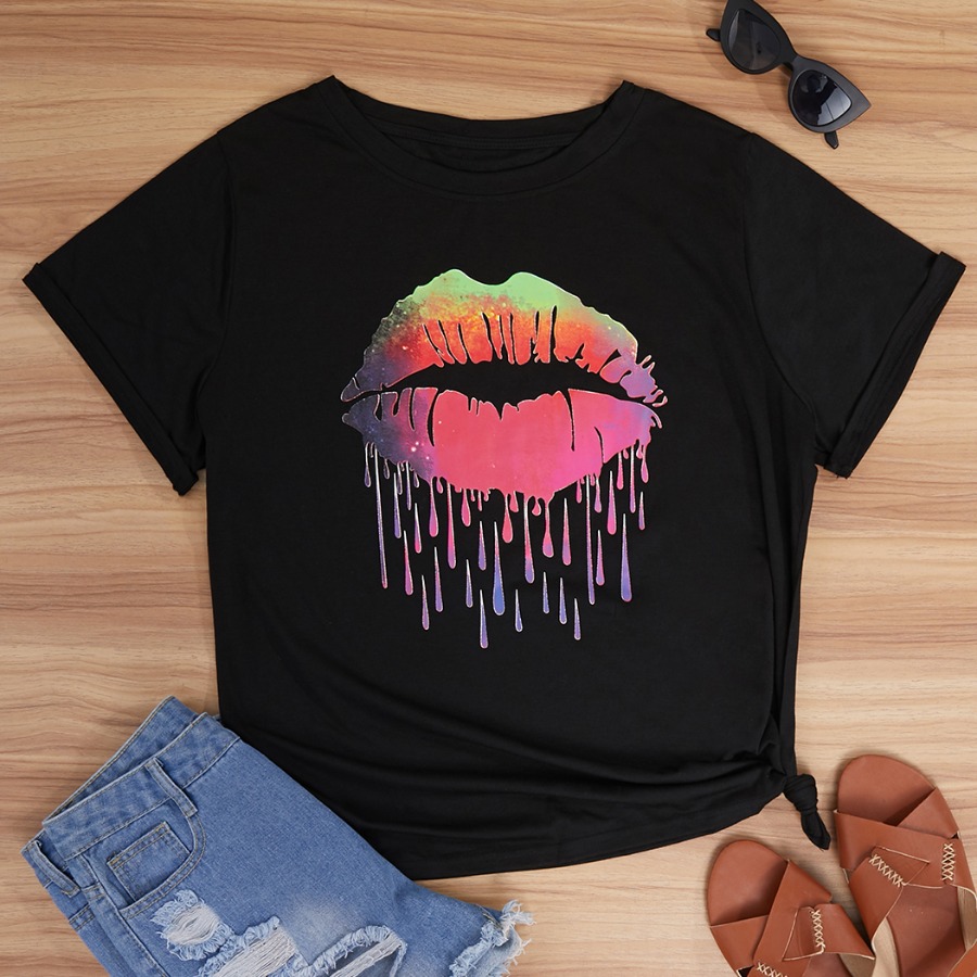 

Lovely Street O Neck Lip Print Black Plus Size T-shirt